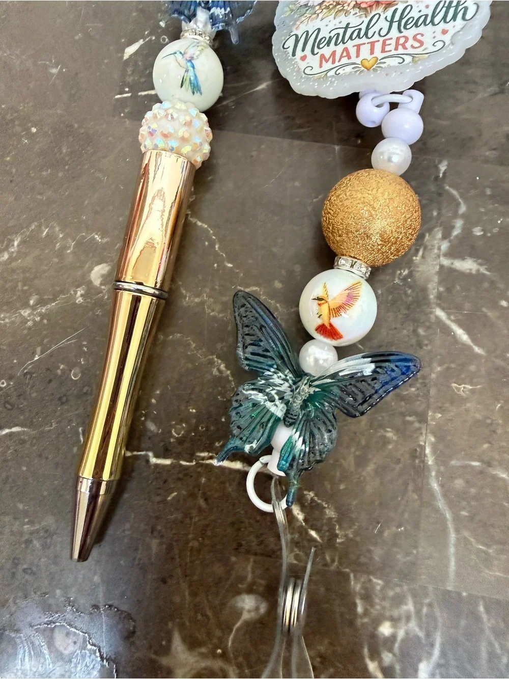 Mental Health Matters Butterfly Beaded Pen and Matching Badge Reel Set Handmade